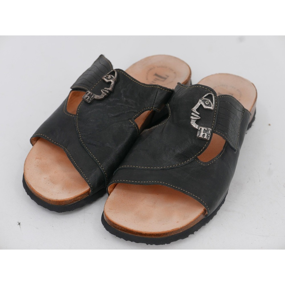 Think! Sandals Black Leather Slide Wedge Comfort Women's Size 10 EU 41